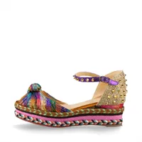 クリスチャンルブタン スタッズ レザー×ファブリック ウェッジソールサンダル 34 レディース マルチカラー MADCARINA60 箱ありインソール色剥がれ