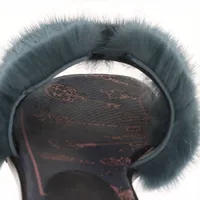 エルメス オラン レザー×ファー サンダル 35 レディース ブルー ミンク