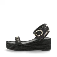 ヴァレンティノガラヴァーニ ロックスタッズ レザー×ファブリック ウェッジソールサンダル 35 レディース ブラック 2W2S0GI3 袋 箱あり ベルトのホツレあり