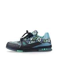 ヴィトン LVトレイナーライン 22年 スエード×レザー スニーカー 7 メンズ ネイビー×ブルー BM1202 アルファベットカモフラージュ 右足かかと変色有