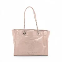 シャネル ドーヴィルMM レザーxキャビアスキン チェーントートバッグ ピンク シルバー金具 22番台