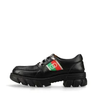 グッチ インターロッキングG レザー×ファブリック レザーシューズ 8 メンズ ブラック 663369  厚底 ラバーソール 社外ひも 保存袋付 シワ有