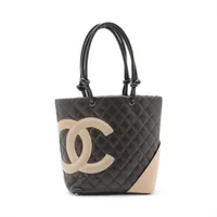 シャネル カンボンライン ラムスキン トートバッグ ブラウンxベージュ シルバー金具 9番台 A25167