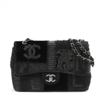 シャネル パッチワーク ファブリックxレザー シングルフラップ ダブルチェーンバッグ ブラック シルバー金具 25番台