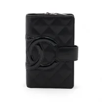 シャネル カンボンライン カーフスキン コンパクトウォレット ブラック シルバー金具 15番台