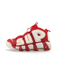 ナイキ×シュプリーム AIR MORE UPTEMPO レザー×ファブリック ハイカットスニーカー 24.5cm レディース レッド×ホワイト 902290-600 ライニングとインソールに毛玉あり