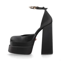 ヴェルサーチェ メドゥーサ サテン×レザー ストラップパンプス 38 レディース ブラック ビジュー アエビタス 厚底