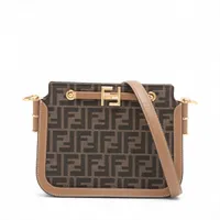 フェンディ ズッカ レザーxキャンバス ショルダーバッグ ブラウン 8BT349