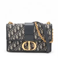 クリスチャンディオール オブリーク モンテーニュ キャンバスxレザー チェーンショルダーバッグ ネイビー