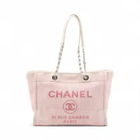 シャネル ドーヴィルMM ラフィアxレザー チェーントートバッグ ピンクxホワイト シルバー金具 18番台