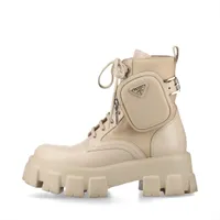 プラダ Re Nylon リ ナイロン ナイロン×レザー ショートブーツ 37 レディース ベージュ 255 モノリス トライアングルロゴ ポーチ付き インソールにスレとヨゴレあり