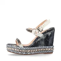 クリスチャンルブタン ピラクロウ レザー×ファブリック ウェッジソールサンダル 36 レディース ネイビー×ホワイト