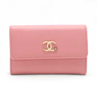 シャネル ラッキーフラワー レザー カードケース ピンク ゴールド金具 26番台