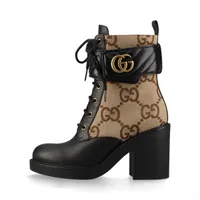 グッチ GGマーモント レザー×ファブリック ブーツ 38 レディース ブラック×ベージュ 719849 スレ シワ有