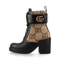 グッチ GGマーモント レザー×ファブリック ショートブーツ 35 レディース ベージュ×ブラック 719849