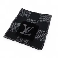 ヴィトン AO1221 マフラー ウール×カシミヤ ブラック×グレー M77139 エシャルプ ダミエ ウォーム ファーポケット