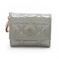 ディオール レディディオール カナージュ レザー×パテント コンパクトウォレット グレー