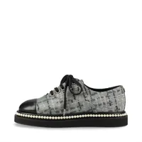 シャネル ココマーク レザー×ファブリック スニーカー 36 レディース ブラック×シルバー G32357 フェイクパール レース 厚底 箱 保存袋あり