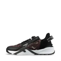 フェンディ フロー レザー×ファブリック スニーカー 7.5 メンズ ブラック×ブラウン ズッカ メッシュ ロゴ サイドジップ 箱 保存袋あり