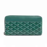 ゴヤール ヘリンボーン マティニョン PVC×レザー ラウンドジップウォレット グリーン