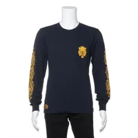クロムハーツ ロングTシャツ コットン サイズM ネイビー×イエロー ヴァインダガー スレ 色褪せ プリント割れあり