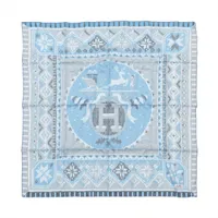 エルメス カレ90 Au coin du feu 暖炉のそばで スカーフ シルク ブルー ソルド品