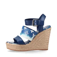 ヴィトン スターボードライン 20年 レザー ウェッジソールサンダル 36 1/2 レディース ブルー×ホワイト CL0210 モノグラム エスパドリーユ