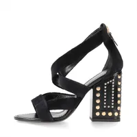 ヴィトン 18年 ベロア×レザー サンダル 36 1/2 レディース ブラック NL0158 スタッズ