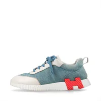 エルメス バウンシング デニム×レザー スニーカー 40 メンズ ブルー×ホワイト 革めくれ 色移り 内側ひび割れ有 袋 箱付