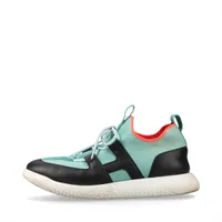 エルメス デュエル ニット×レザー スニーカー 41 1/2 メンズ ブルーグリーン×ブラック リフト削れ アッパーシミ 変色有