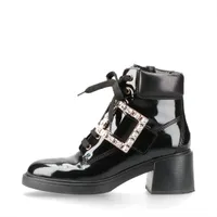 ロジェ ヴィヴィエ レザー ブーツ 37 1/2 レディース ブラック ストラスバックル ビジュー サイドジップ  レースアップ