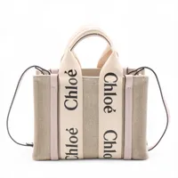 クロエ ウッディ スモール キャンバスxレザー 2WAYハンドバッグ ベージュxパープル