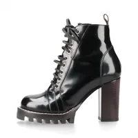 ヴィトン スタートレイルライン 17年 レザー ショートブーツ 35 1/2 レディース ブラック MA0137 袋 替え紐 箱付 亀裂有 引手剥がれ有 箱ヤブレ有