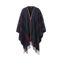 エルメス ロカバール カシミヤ ポンチョ フリーサイズ レディース ネイビー  タッセル ケープ 代理店タグなし