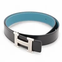 エルメス Hギヨシェ □R:2014 ベルト 80 レザー ブラック×ブルー
