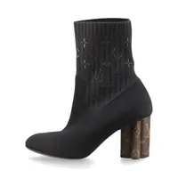 ヴィトン シルエットライン ニット×レザー ショートブーツ 35 1/2 レディース ブラック×ブラウン モノグラム