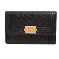 シャネル ボーイシャネル キャビアスキン カードケース ブラック ゴールド金具 25番台