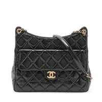 シャネル ホーボー パテントレザー チェーンショルダーバッグ ブラック ゴールド金具 ランダムプレート