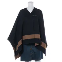 エルメス 17AW カシミヤ ポンチョ 34 レディース ネイビー×ベージュ  77-7120 ケープ 毛羽立ち有