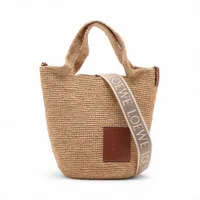 ロエベ スリットバッグ ラフィアxレザー 2WAYハンドバッグ ベージュxブラウン