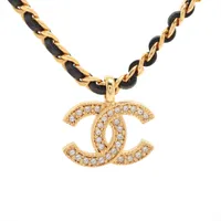 シャネル ココマーク F24K ネックレス GP×ラインストーン×革 ゴールド×ブラック