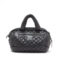 シャネル コココクーン ナイロンxレザー ボストンバッグ ブラック シルバー金具 21番台