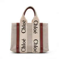 クロエ ウッディ スモール キャンバスxレザー ハンドバッグ ベージュ