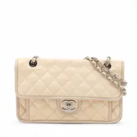 シャネル マトラッセ キャビアスキン シングルフラップ ダブルチェーンバッグ フレンチリビエラ ベージュ シルバー金具 15番台