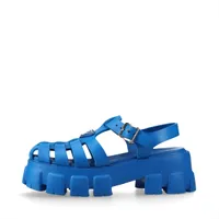 プラダ モノリス ラバー サンダル 38 レディース ブルー トライアングルロゴ 右足ストラップ先刺しキズ有