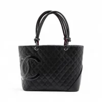 シャネル カンボンライン ラムスキン トートバッグ ブラック シルバー金具 10番台