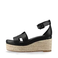 エルメス エルダ レザー ウェッジソールサンダル 36 レディース ブラック×ベージュ 2313072 箱有 保存袋付 スレ有 ヨゴレ有 毛羽立ち有