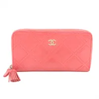 Chanel Matelasse Lambskin Zip Round Wallet Pink Gold Metal