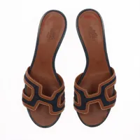 エルメス オアジス デニム×レザー サンダル 37 レディース ネイビー