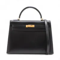 ノーブランド　Kelly ショルダーバッグ ブラック　ケリー エルメス ケリー32 ルトゥルネ ボックスカーフ ブラック ゴールド金具